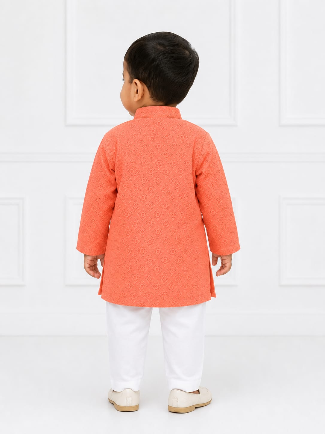 Boys' Peach-Coral Self-Textured Kurta and Pyjama Set