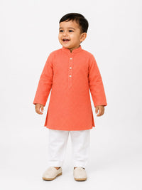 Boys' Peach-Coral Self-Textured Kurta and Pyjama Set