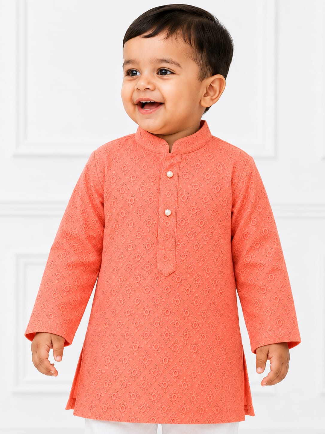 Boys' Peach-Coral Self-Textured Kurta and Pyjama Set