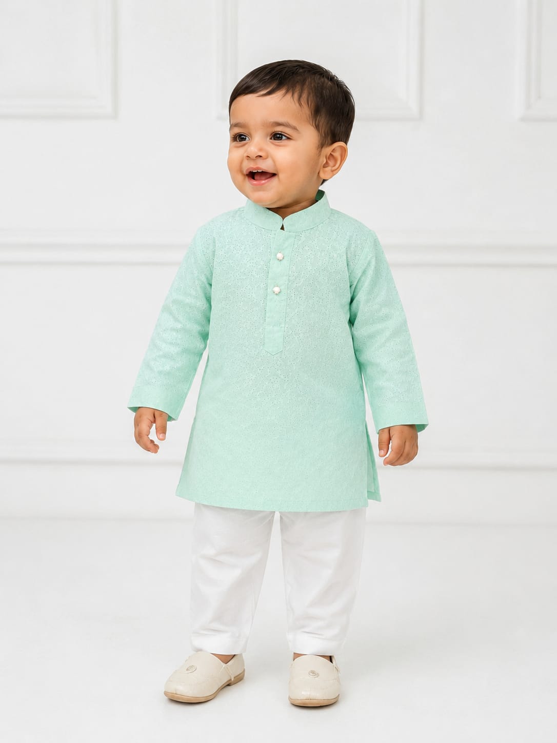 Boys' Mint Green Self-Textured Kurta and Pyjama Set