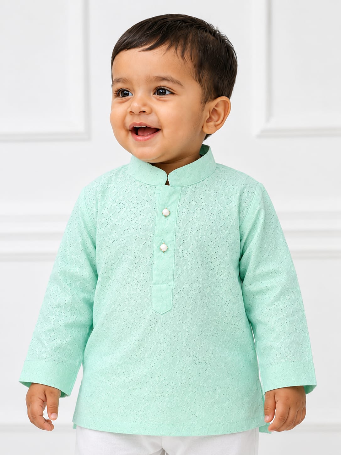 Boys' Mint Green Self-Textured Kurta and Pyjama Set