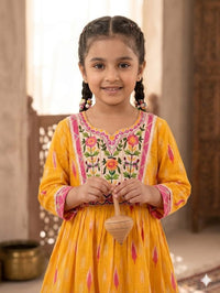 Girls' Mustard Yellow Ikat Print Frock and Dhoti Pant Set