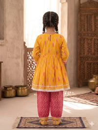 Girls' Mustard Yellow Ikat Print Frock and Dhoti Pant Set