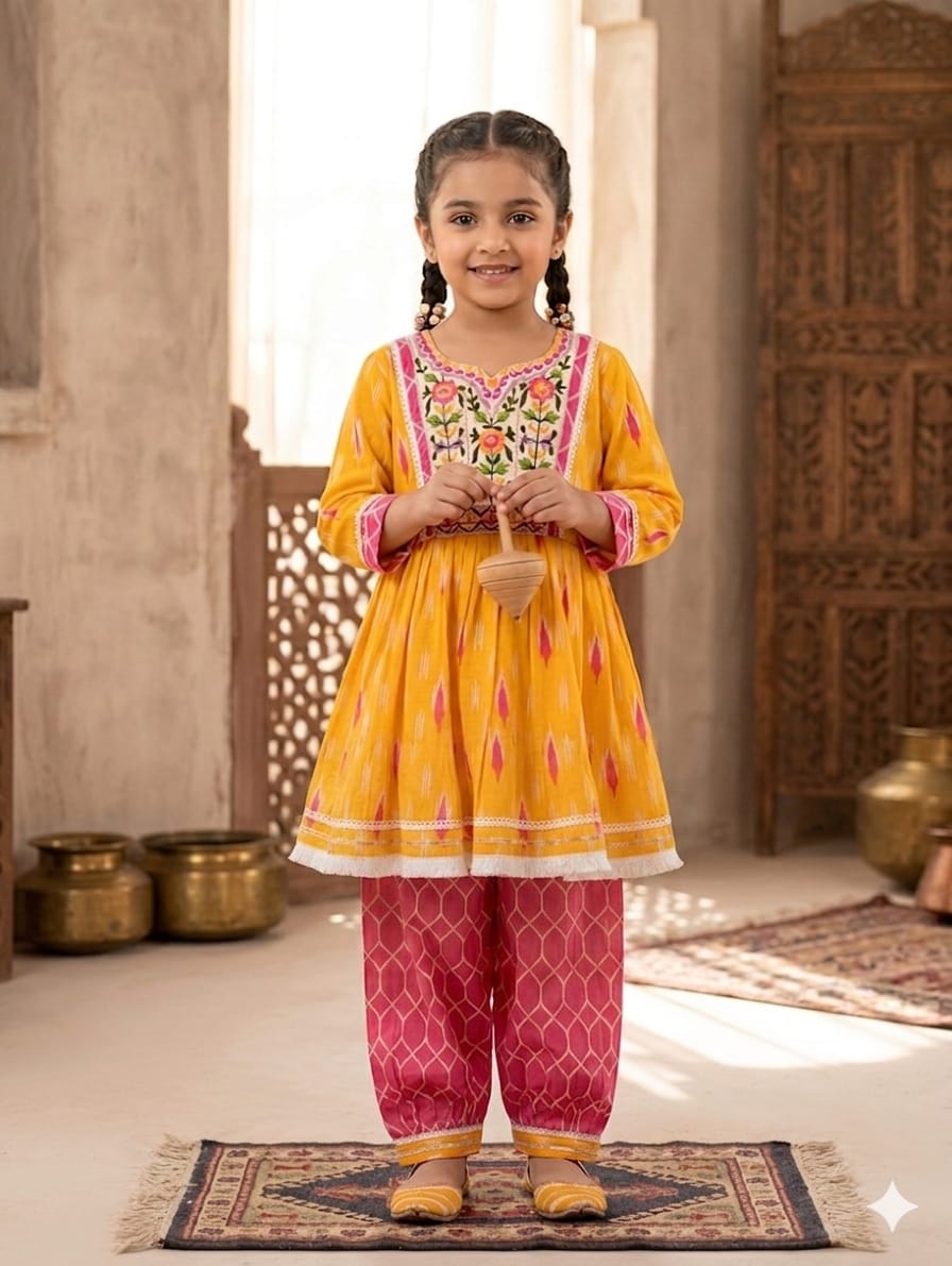 Girls' Mustard Yellow Ikat Print Frock and Dhoti Pant Set