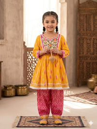 Girls' Mustard Yellow Ikat Print Frock and Dhoti Pant Set