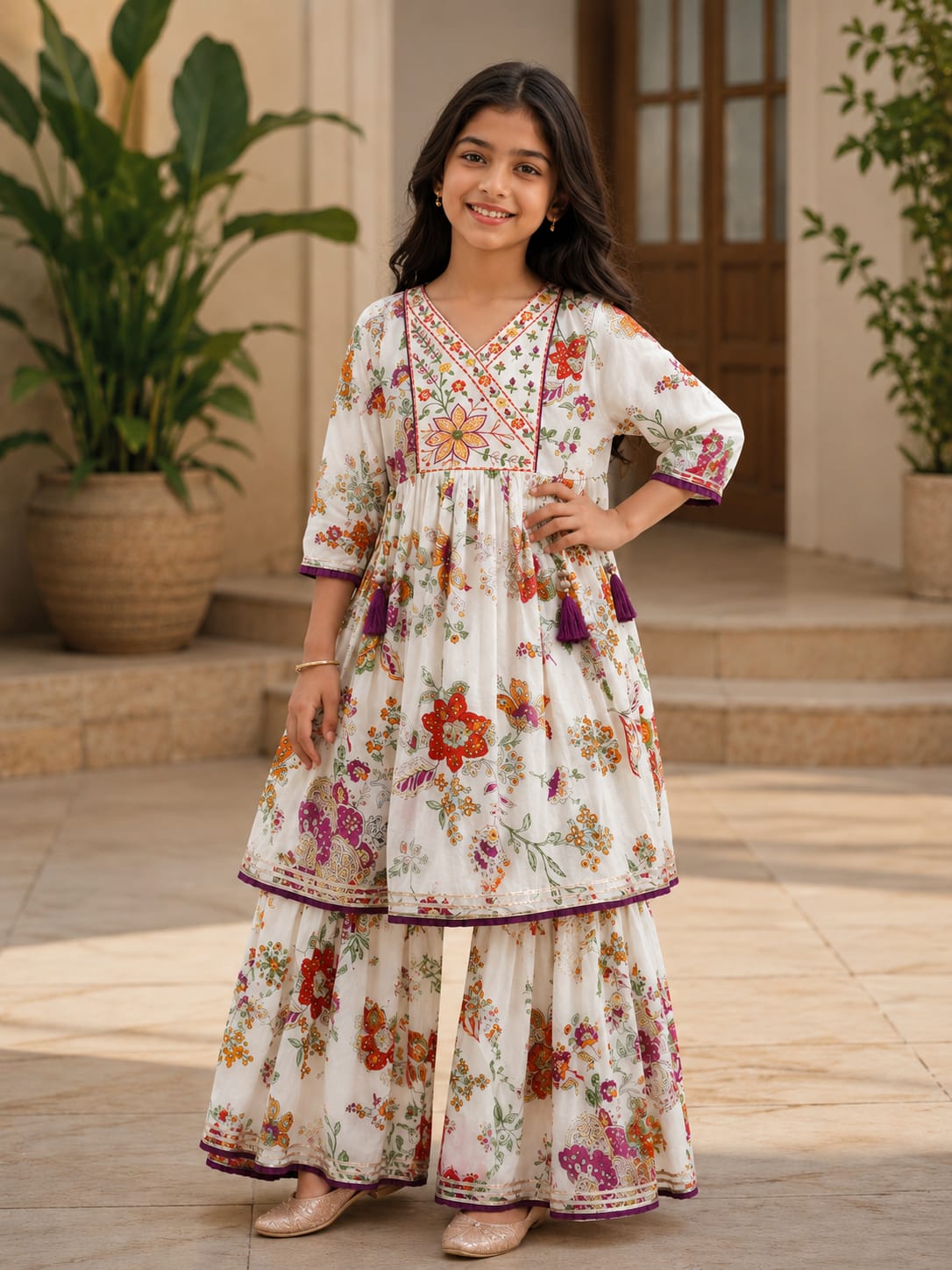 Girls' Ivory Floral Print Angrakha Frock and Sharara Set