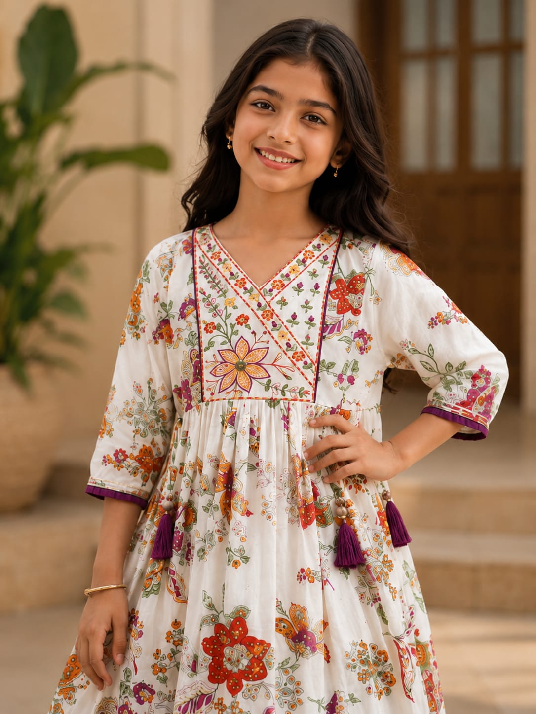 Girls' Ivory Floral Print Angrakha Frock and Sharara Set