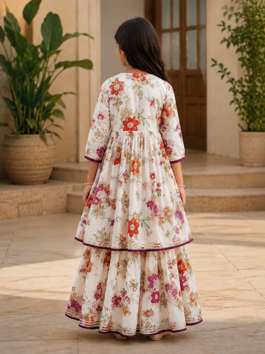Girls' Ivory Floral Print Angrakha Frock and Sharara Set
