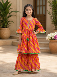 Girls' Multi-Color Leheriya Print Frock and Sharara Set