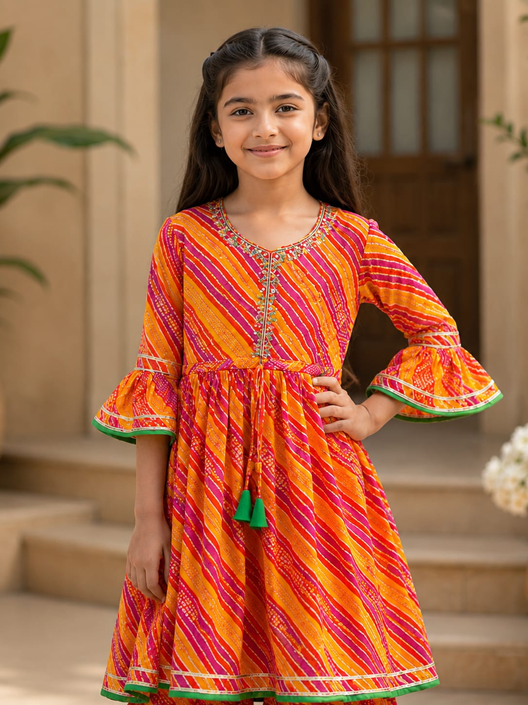 Girls' Multi-Color Leheriya Print Frock and Sharara Set