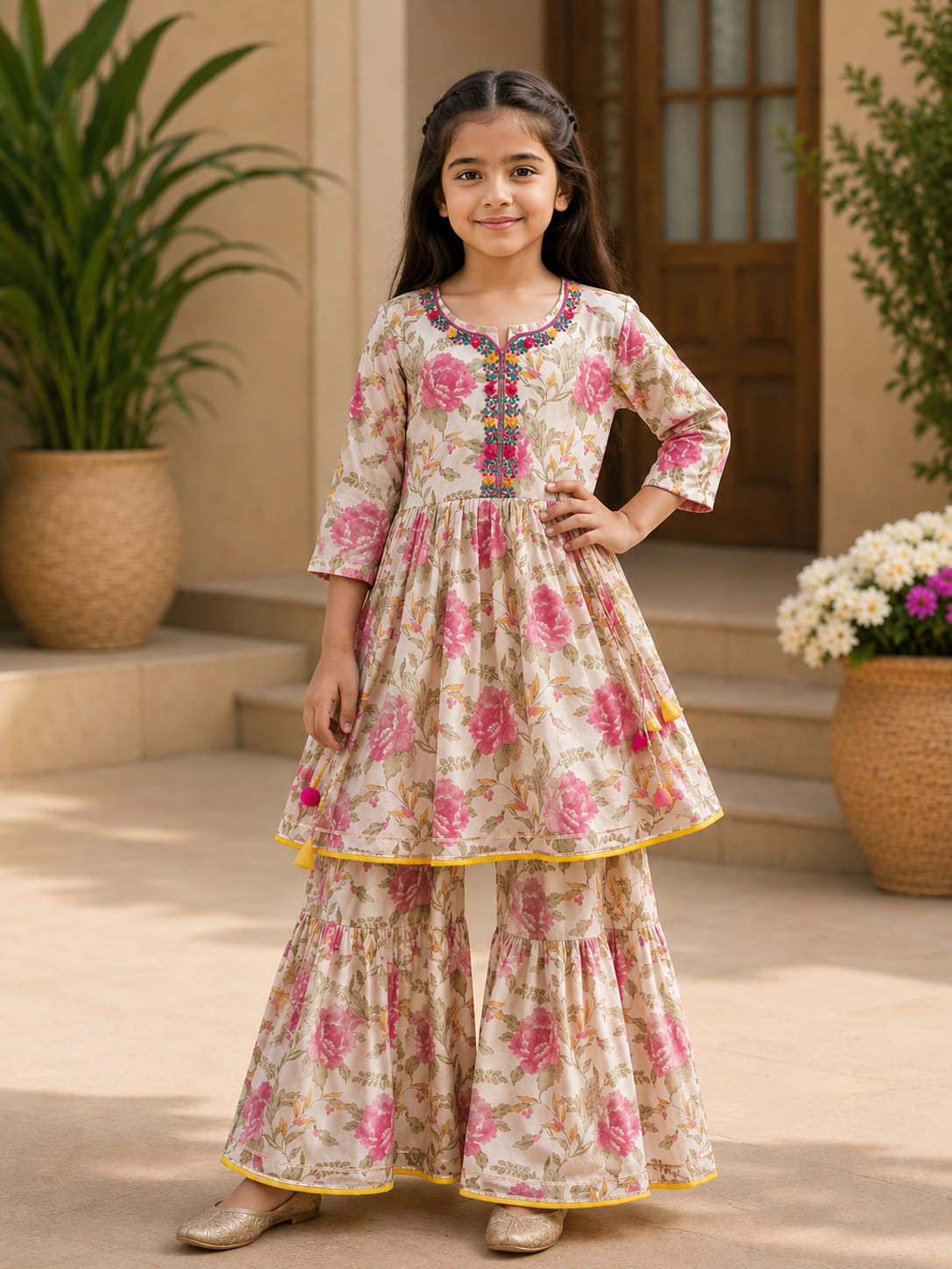 Girls' Beige and Pink Floral Print Frock and Sharara Set