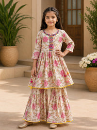 Girls' Beige and Pink Floral Print Frock and Sharara Set