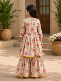Girls' Beige and Pink Floral Print Frock and Sharara Set