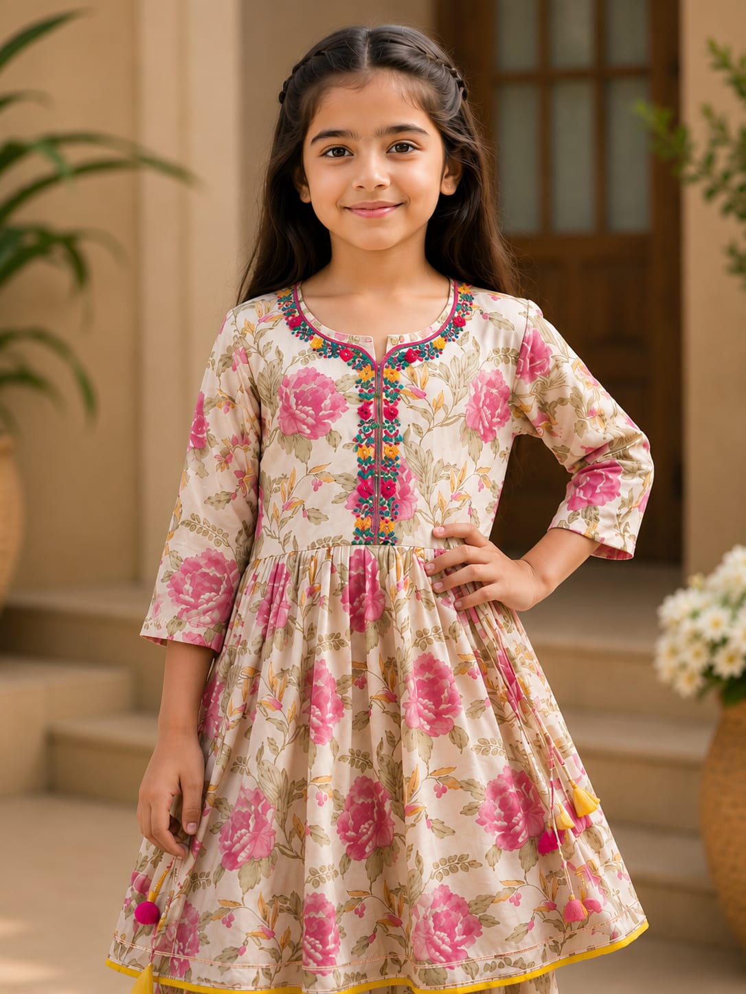 Girls' Beige and Pink Floral Print Frock and Sharara Set