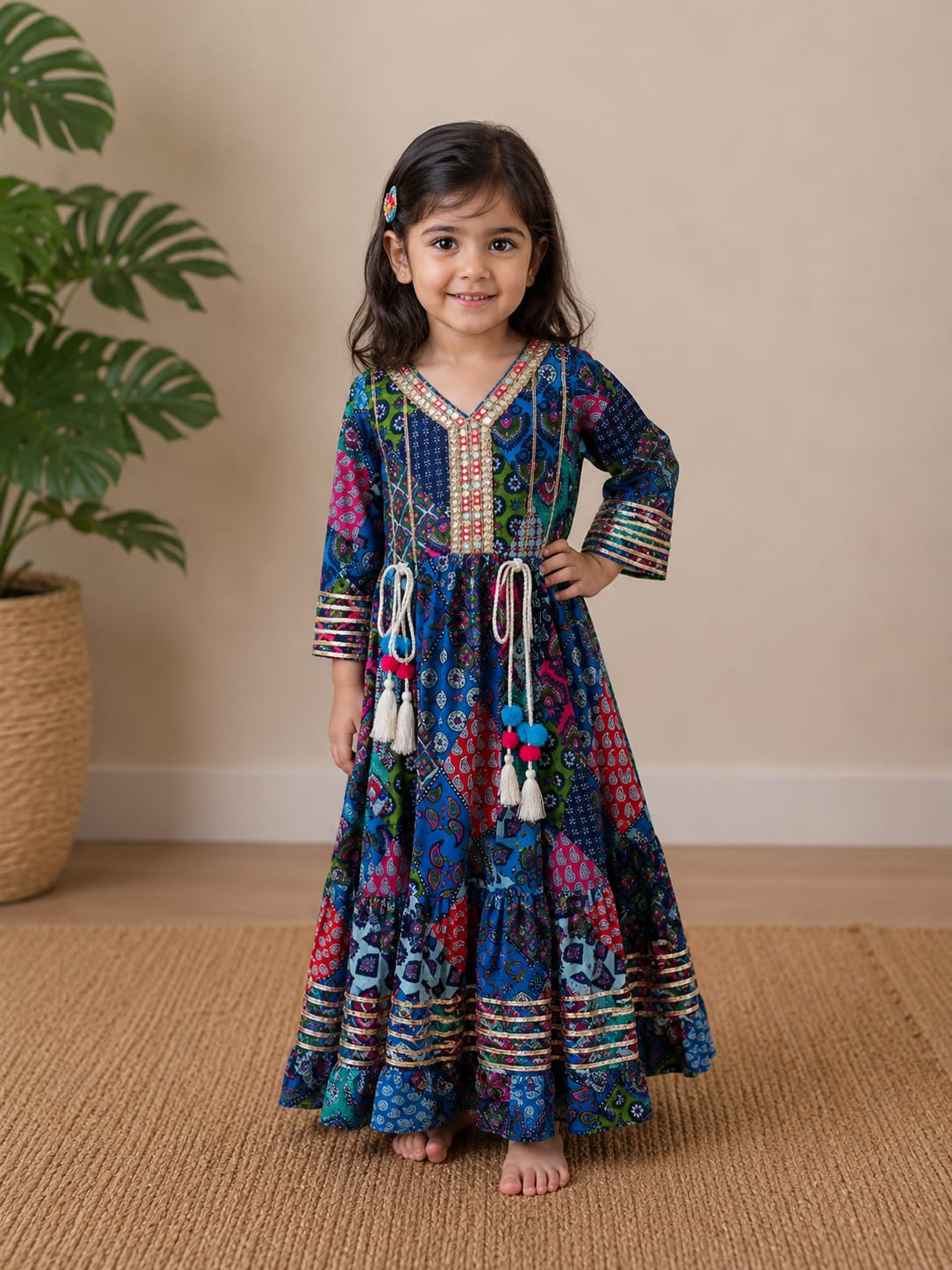 Girls' Multi-Color Patchwork Print Festive Anarkali Gown