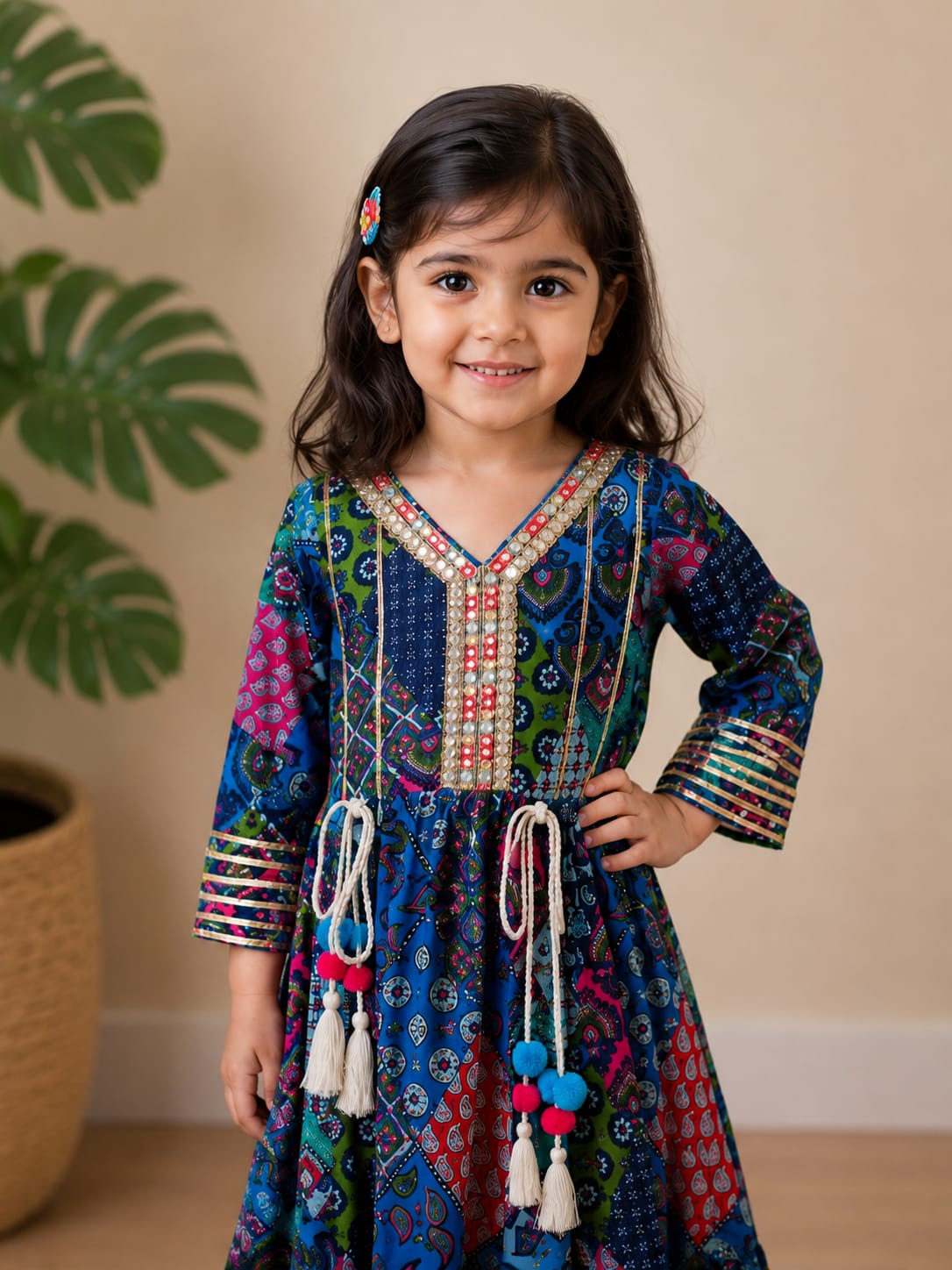 Girls' Multi-Color Patchwork Print Festive Anarkali Gown