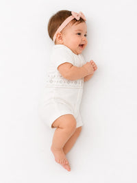 Baby Unisex Off-White Embroidered Teddy Short-Sleeve Romper