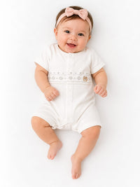 Baby Unisex Off-White Embroidered Teddy Short-Sleeve Romper