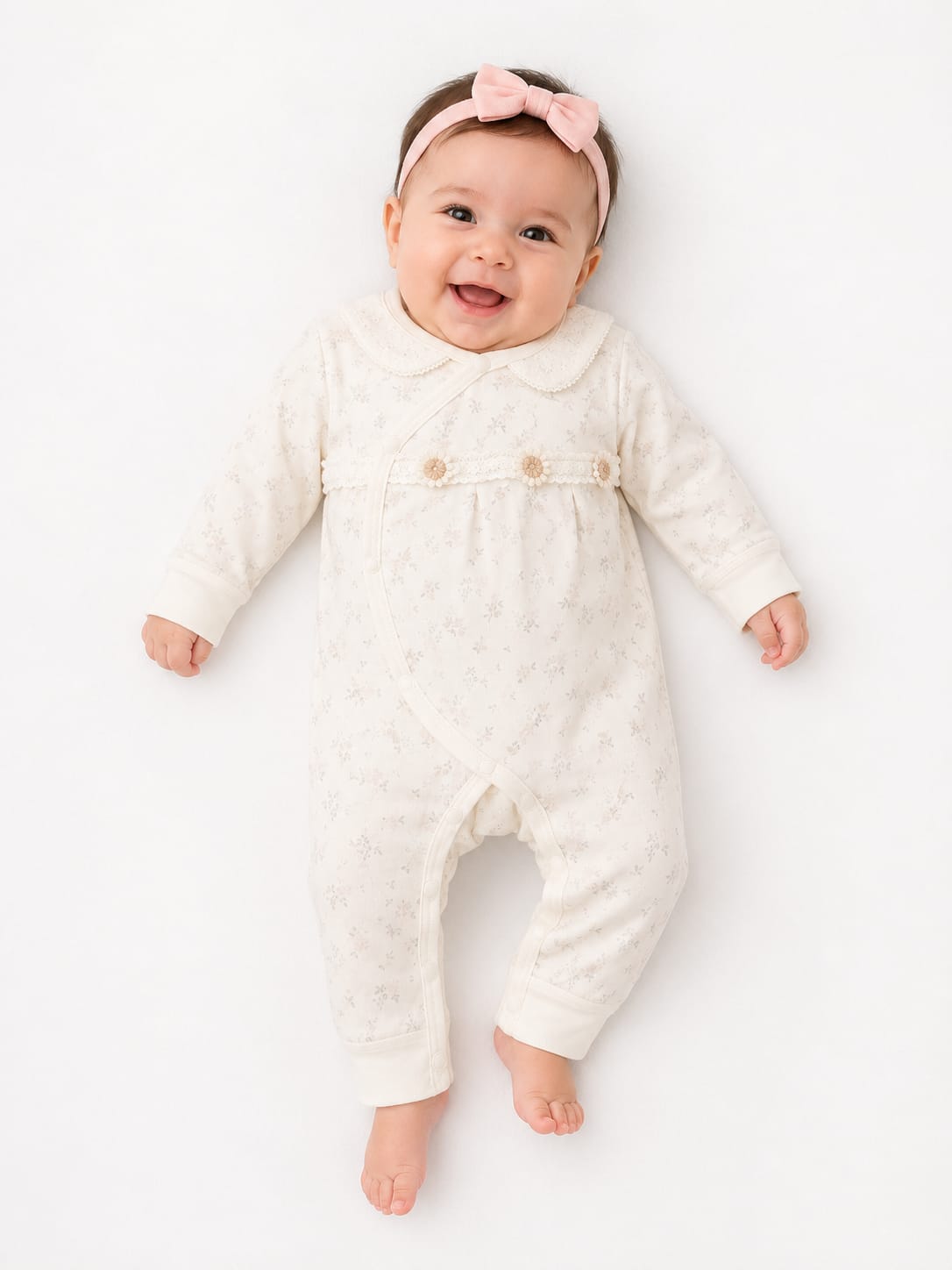 Baby Girls' Cream Ditsy Floral Asymmetric Kimono Romper