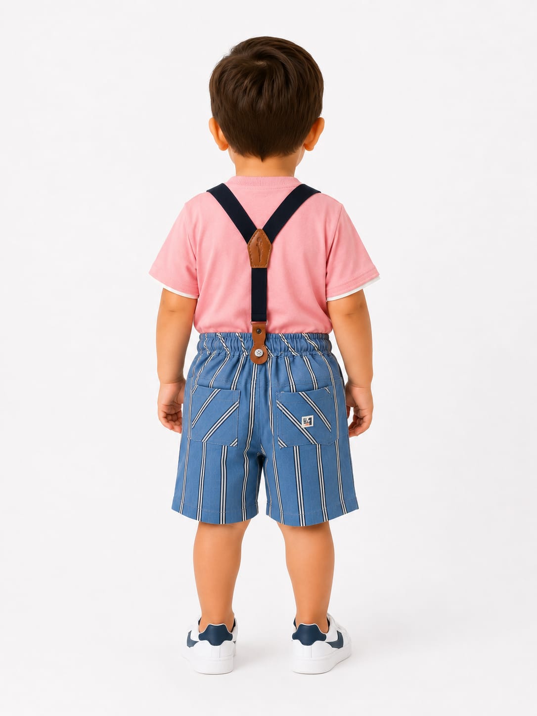 Toddler Boys' Pink Polo Bear T-Shirt and Striped Suspenders Shorts Set