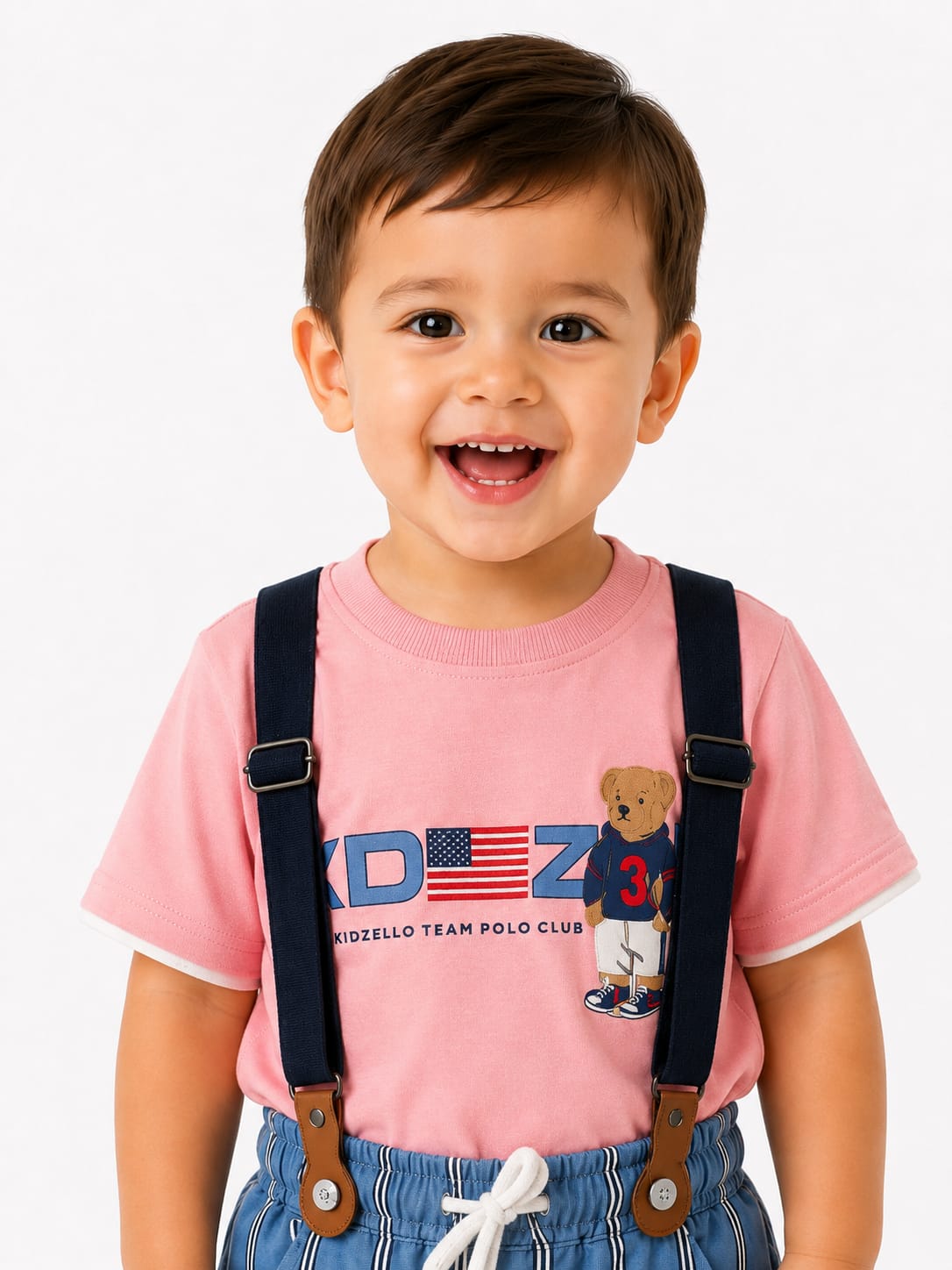 Toddler Boys' Pink Polo Bear T-Shirt and Striped Suspenders Shorts Set