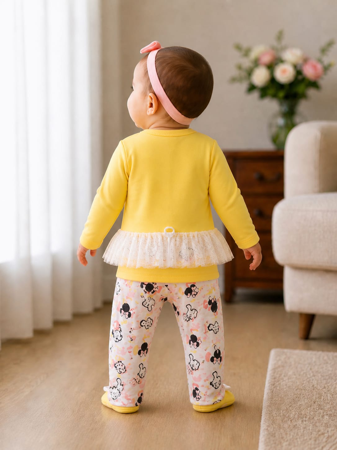 Baby Girls' Disney Minnie Mouse Yellow Wrap Top and Footed Pants Set