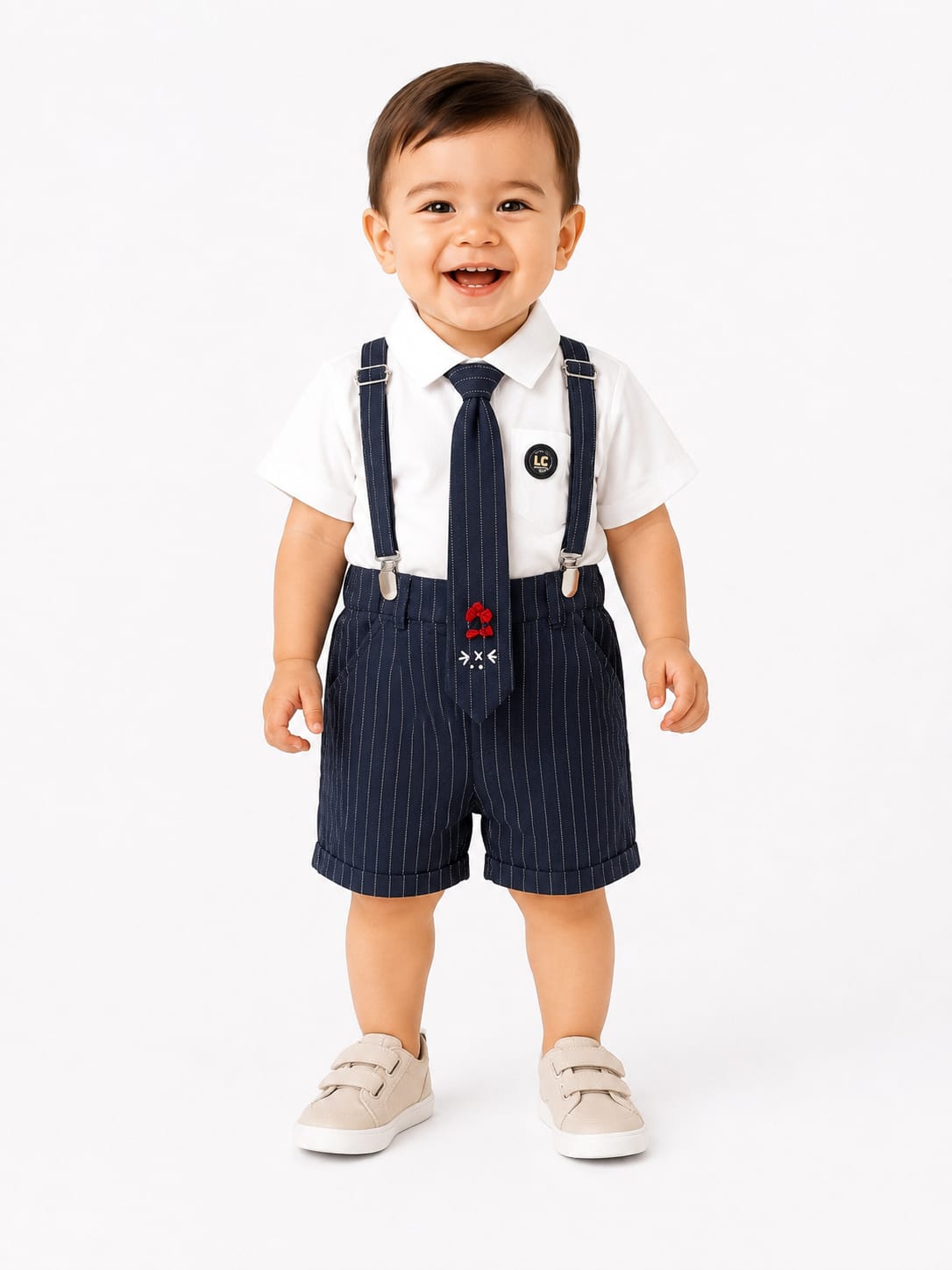 Toddler Boys' Navy Pinstripe Suspenders and Tie Short Set