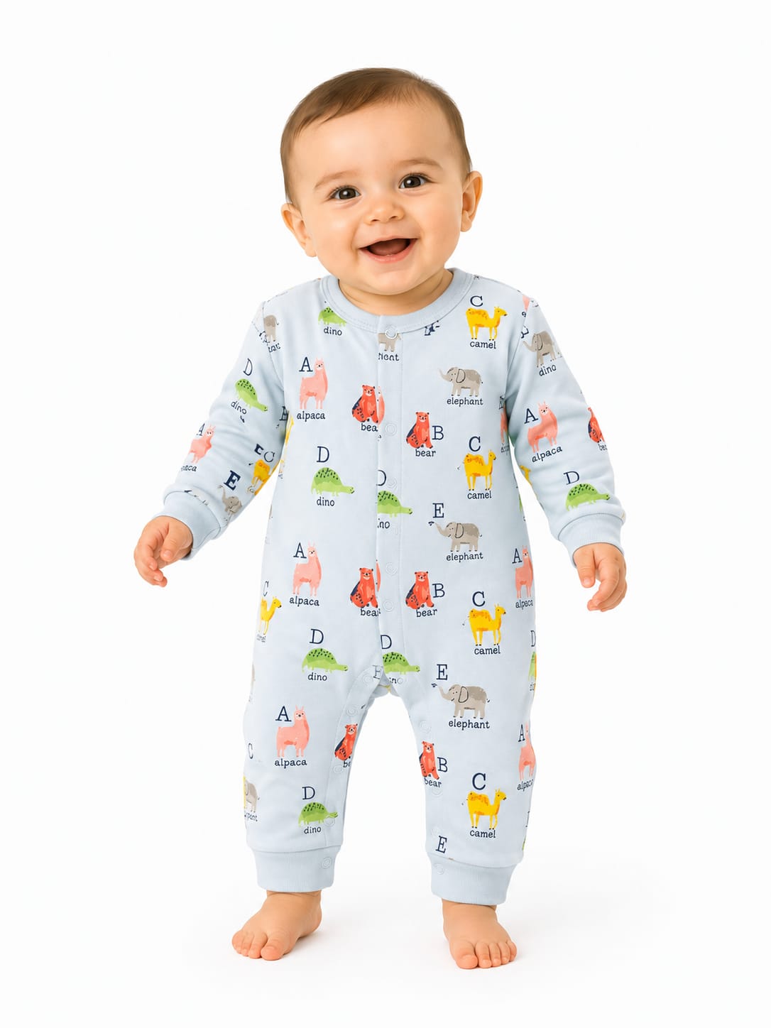 Baby Unisex Light Blue Animal Alphabet Print Romper