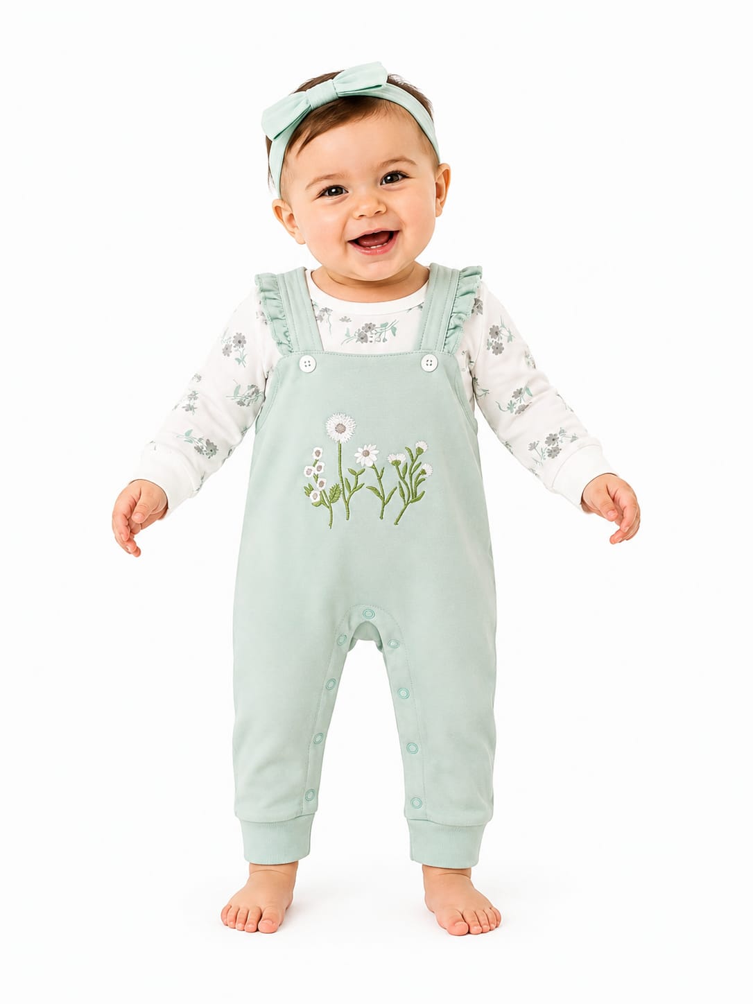 Charming Floral Sage Dungaree & Bodysuit Set