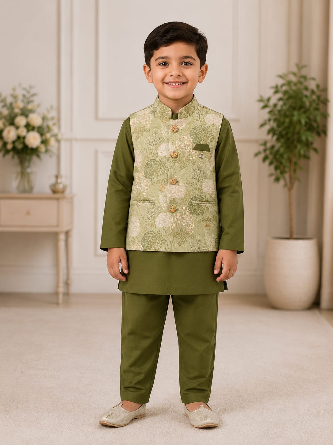 Boys' Meadow Print Nehru Jacket & Olive Kurta Pyjama Set