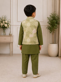 Boys' Meadow Print Nehru Jacket & Olive Kurta Pyjama Set