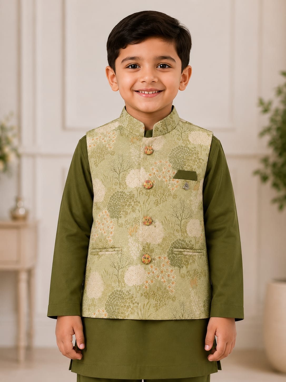 Boys' Meadow Print Nehru Jacket & Olive Kurta Pyjama Set