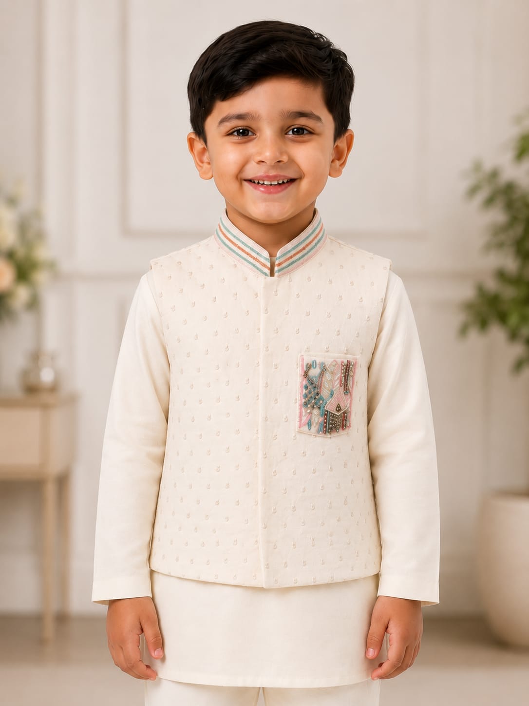 Boys' Embroidered Pocket Ivory Nehru Jacket & Kurta Pyjama Set