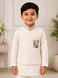 Boys' Embroidered Pocket Ivory Nehru Jacket & Kurta Pyjama Set