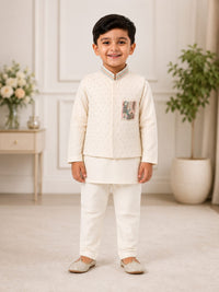 Boys' Embroidered Pocket Ivory Nehru Jacket & Kurta Pyjama Set