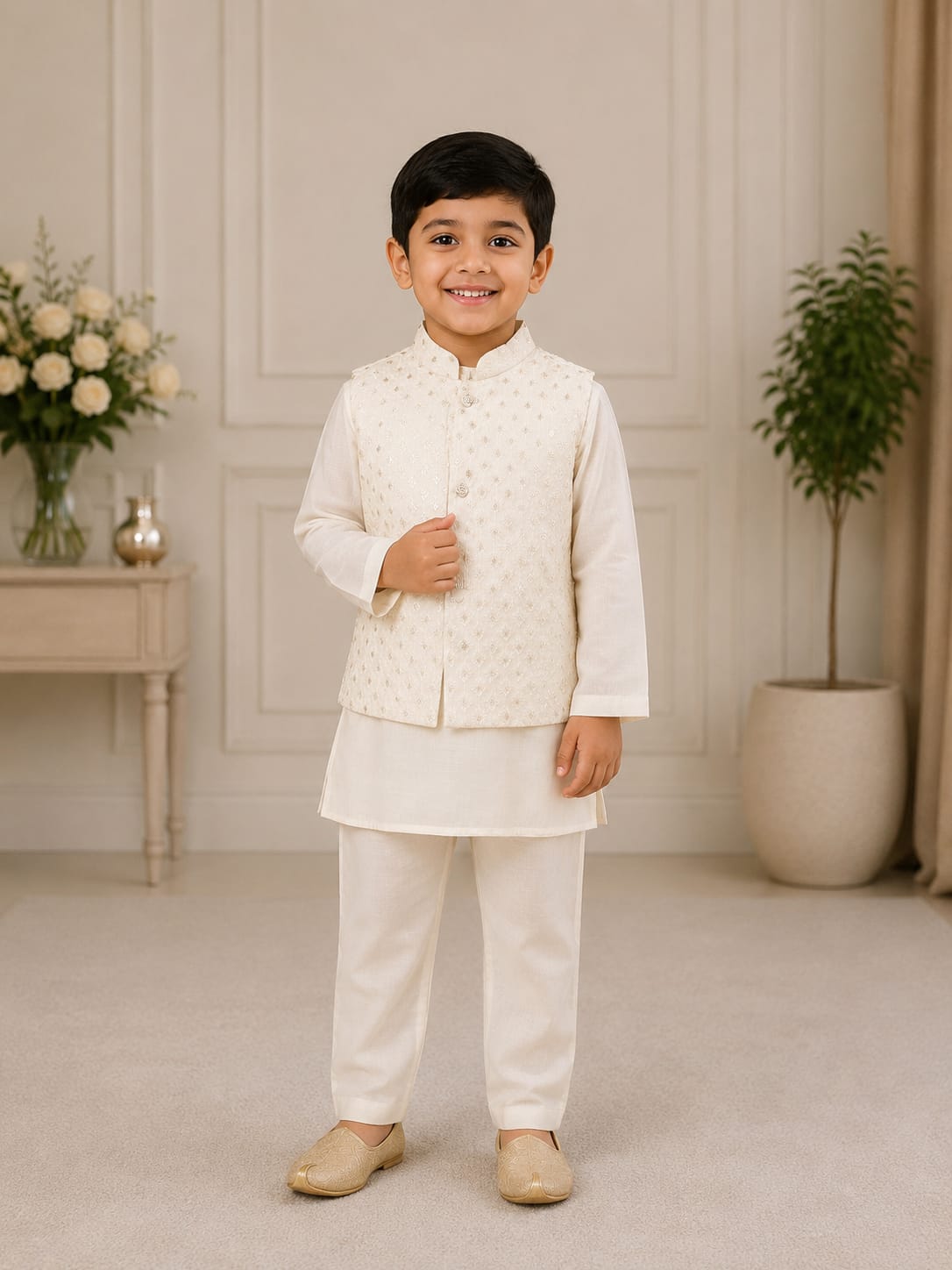 Boys' Chikankari Embroidered Ivory Nehru Jacket & Kurta Pyjama Set