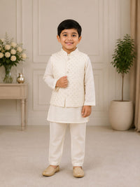 Boys' Chikankari Embroidered Ivory Nehru Jacket & Kurta Pyjama Set