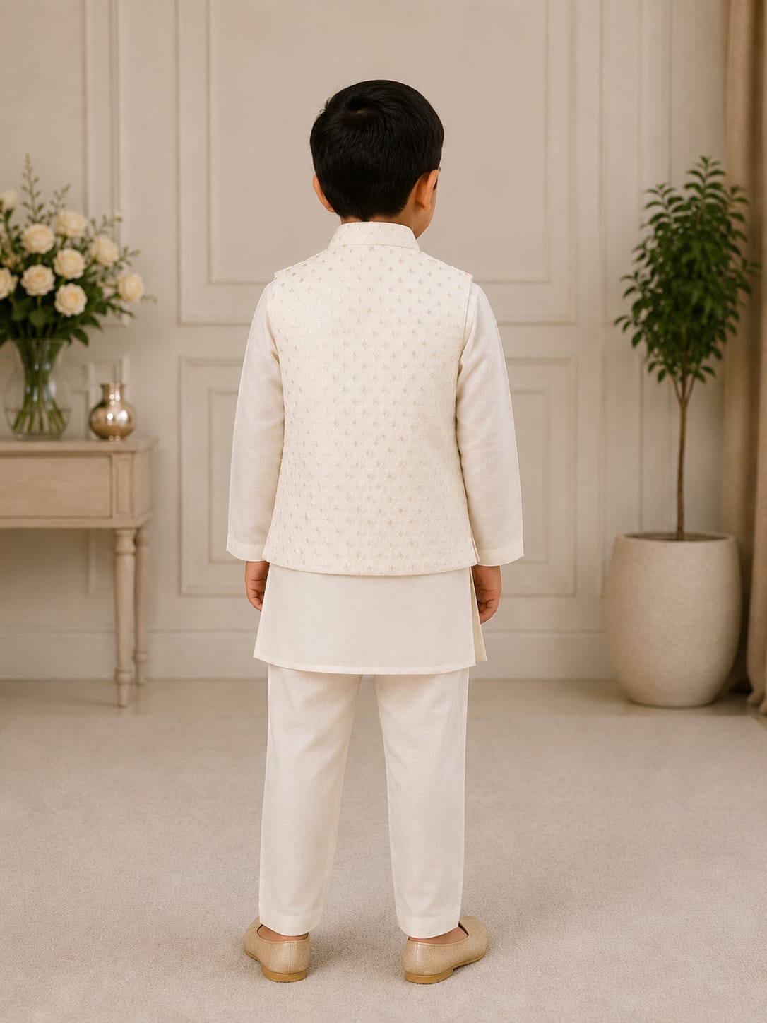 Boys' Chikankari Embroidered Ivory Nehru Jacket & Kurta Pyjama Set