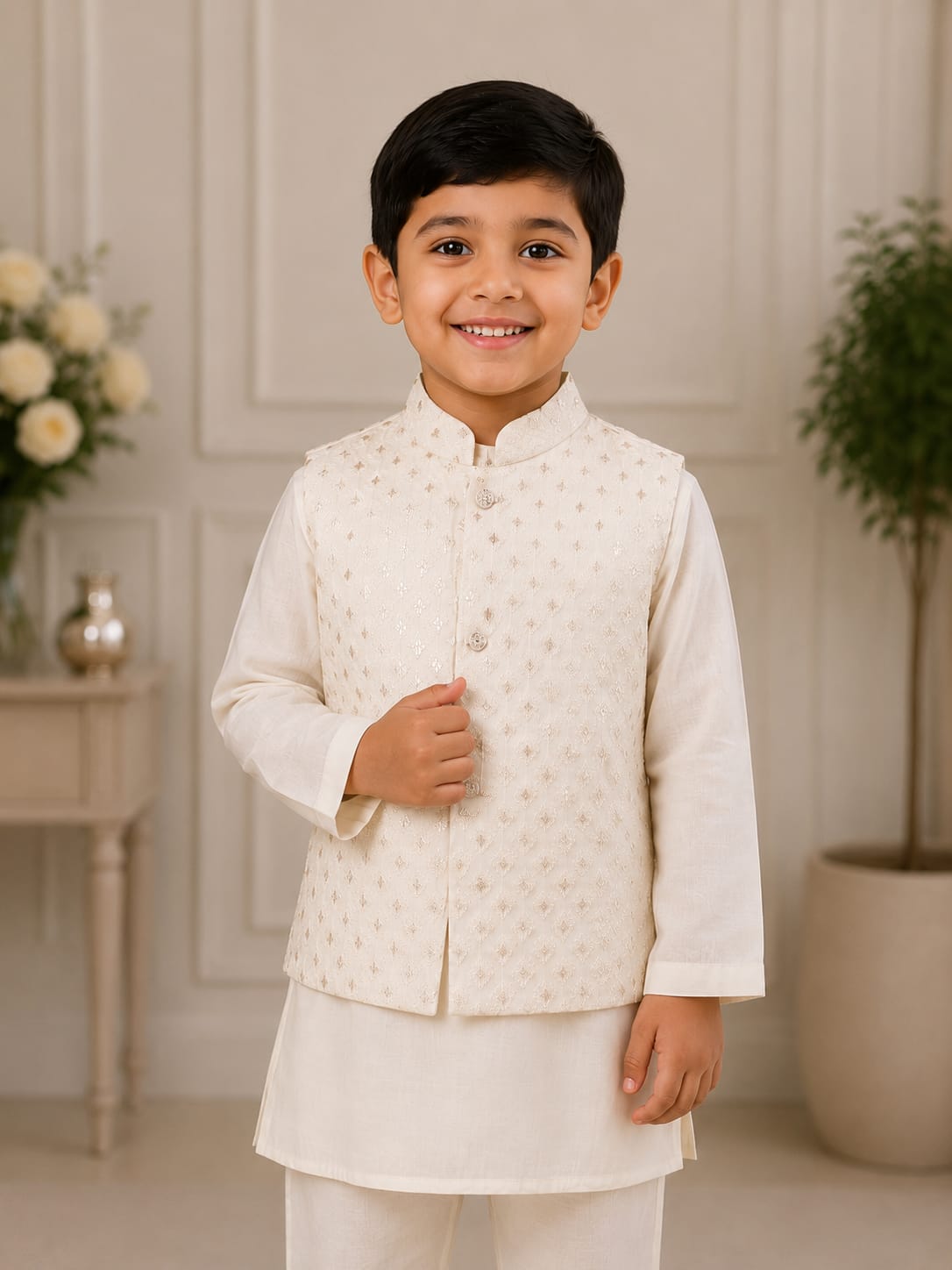 Boys' Chikankari Embroidered Ivory Nehru Jacket & Kurta Pyjama Set