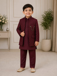 Boys' Wine Maroon Embroidered Indo-Western Sherwani Set
