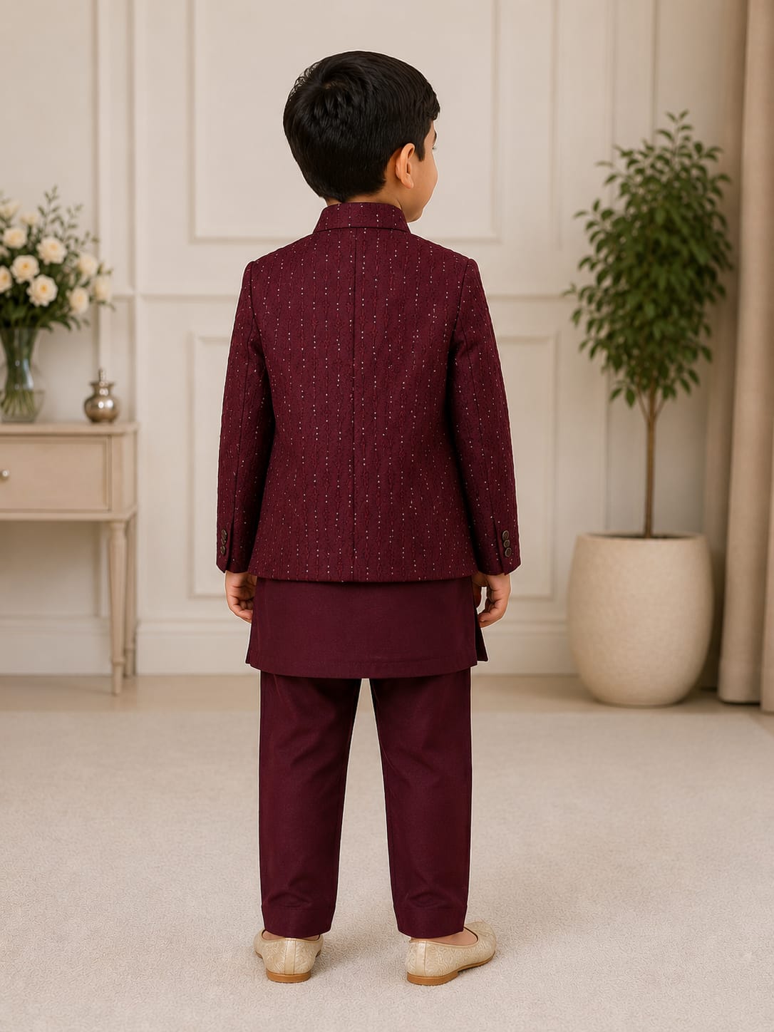 Boys' Wine Maroon Embroidered Indo-Western Sherwani Set