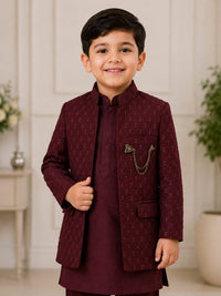 Boys' Wine Maroon Embroidered Indo-Western Sherwani Set