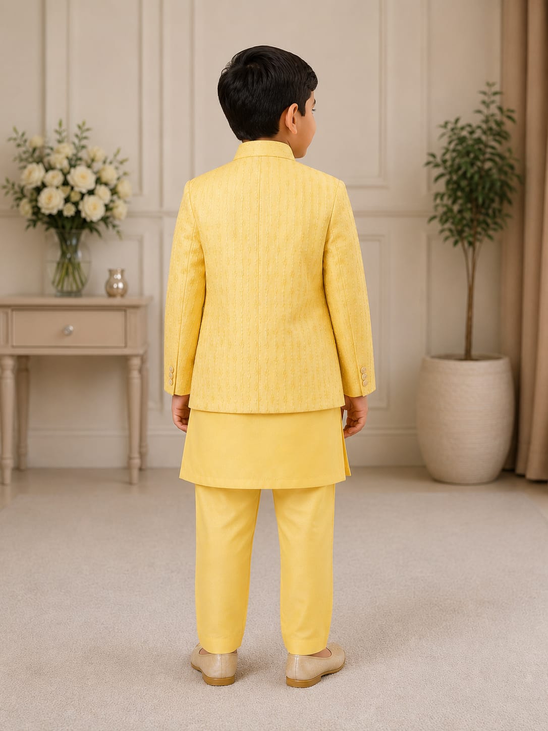 Boys' Haldi Yellow Embroidered Sherwani & Kurta Pyjama Set
