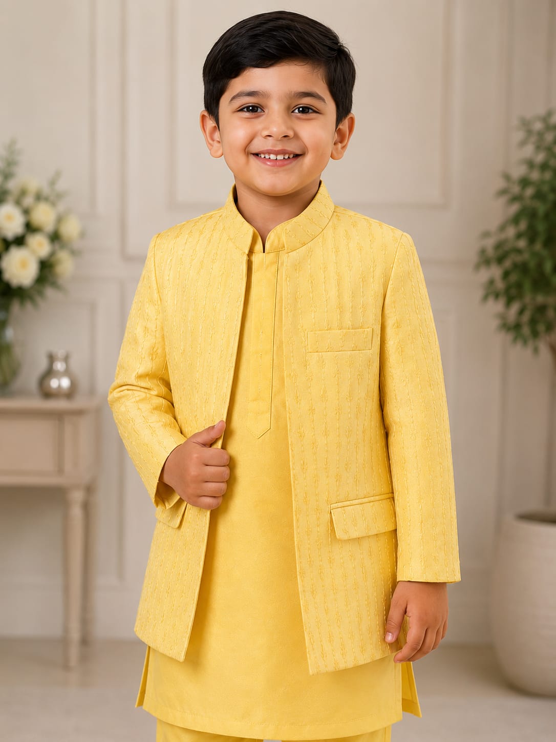 Boys' Haldi Yellow Embroidered Sherwani & Kurta Pyjama Set