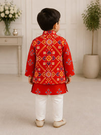 Boys Traditional Patola Print Kurta & Nehru Jacket Set