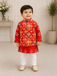 Boys Traditional Patola Print Kurta & Nehru Jacket Set