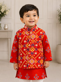 Boys Traditional Patola Print Kurta & Nehru Jacket Set
