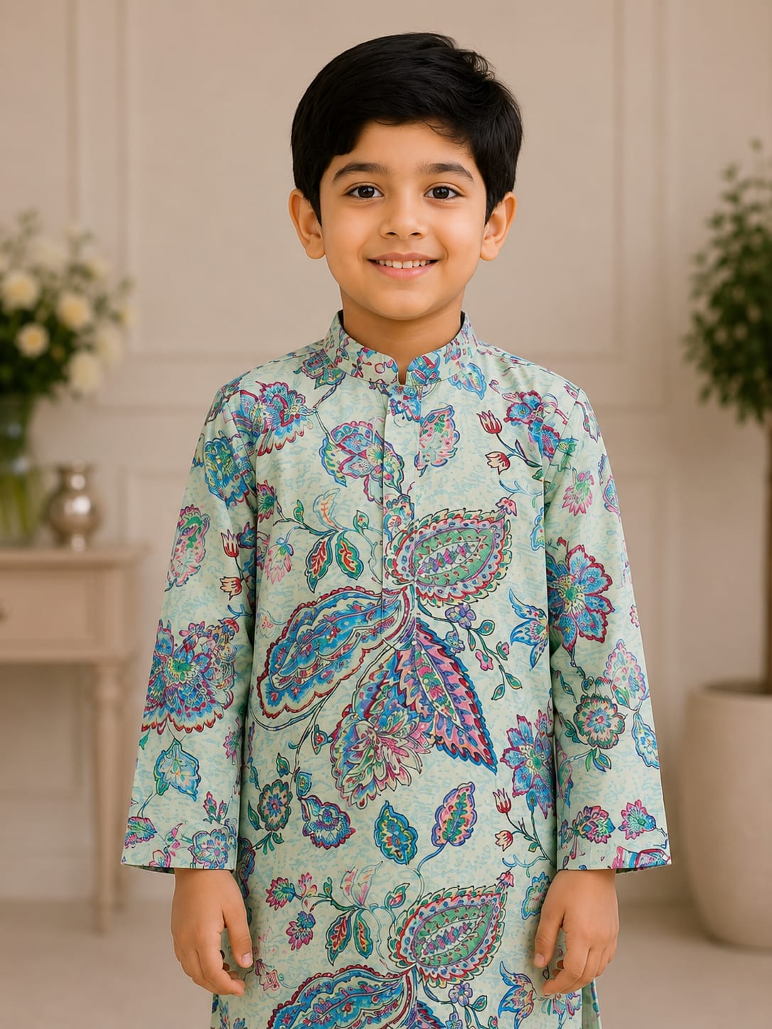 Boys Elegant Floral Paisley Kurta Pajama Set