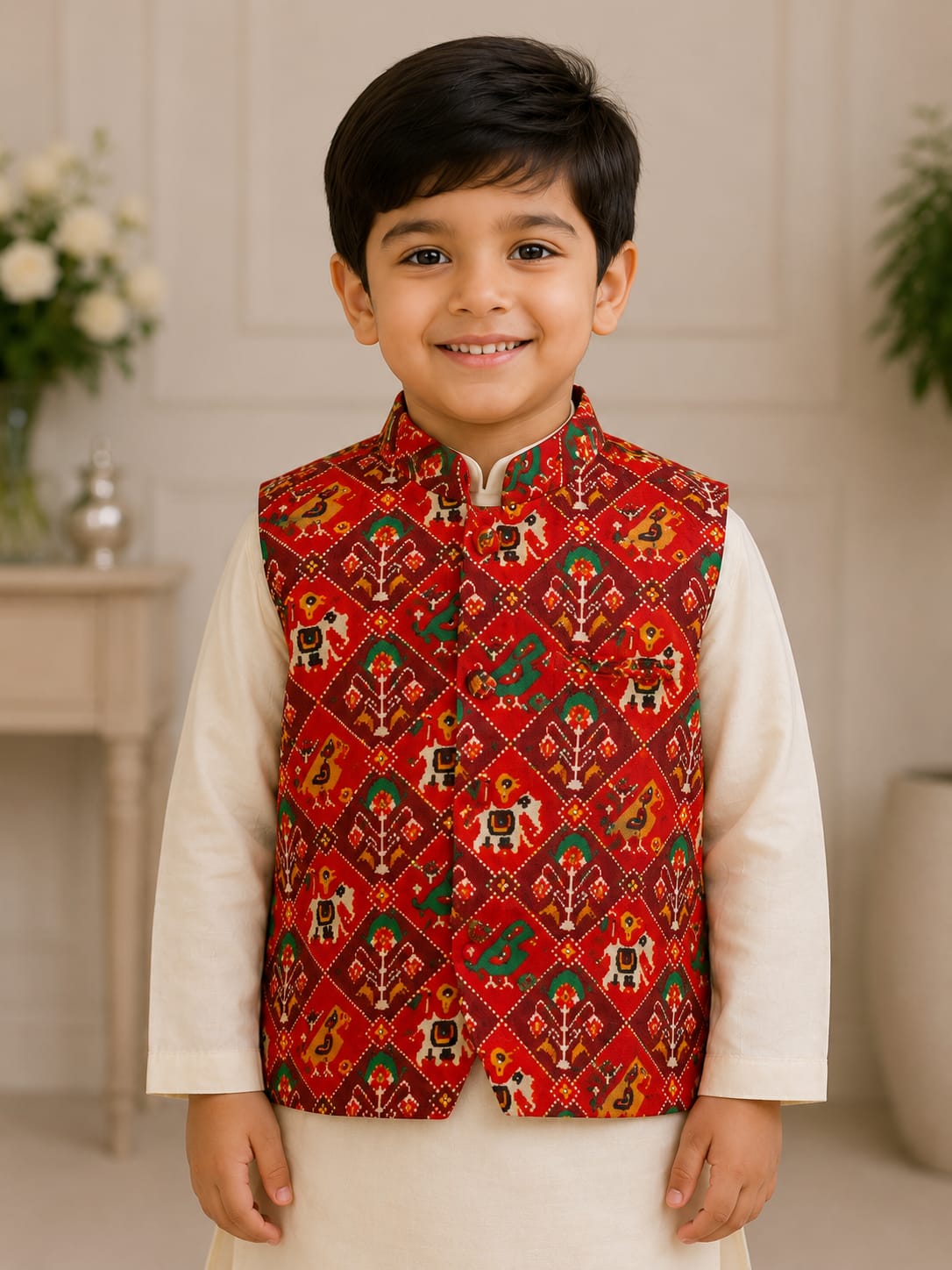 Boys Heritage Patola Jacket & Off-White Kurta Pajama Set