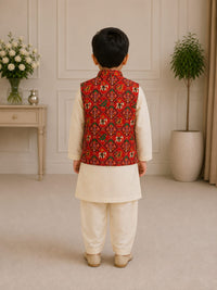 Boys Heritage Patola Jacket & Off-White Kurta Pajama Set